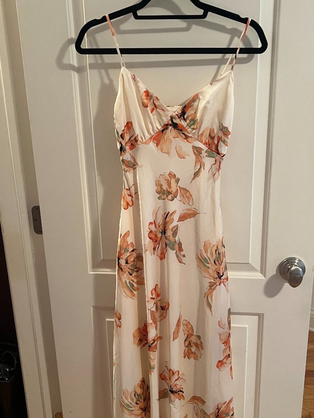12th Tribe Cream Watercolor Floral Satin Midi Dress Spaghetti Strap V-Neck